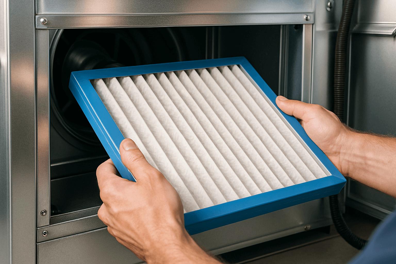 Installing advanced air filtration system filter in HVAC unit.