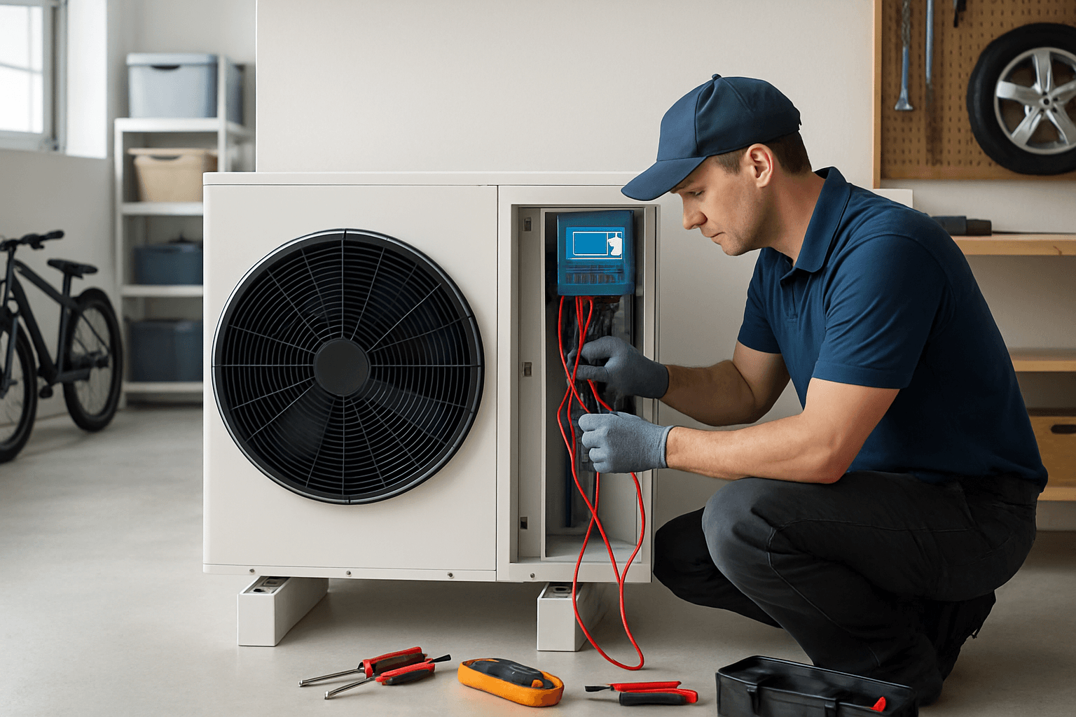 Technician wiring heat pump for converting home from gas to electric heating.
