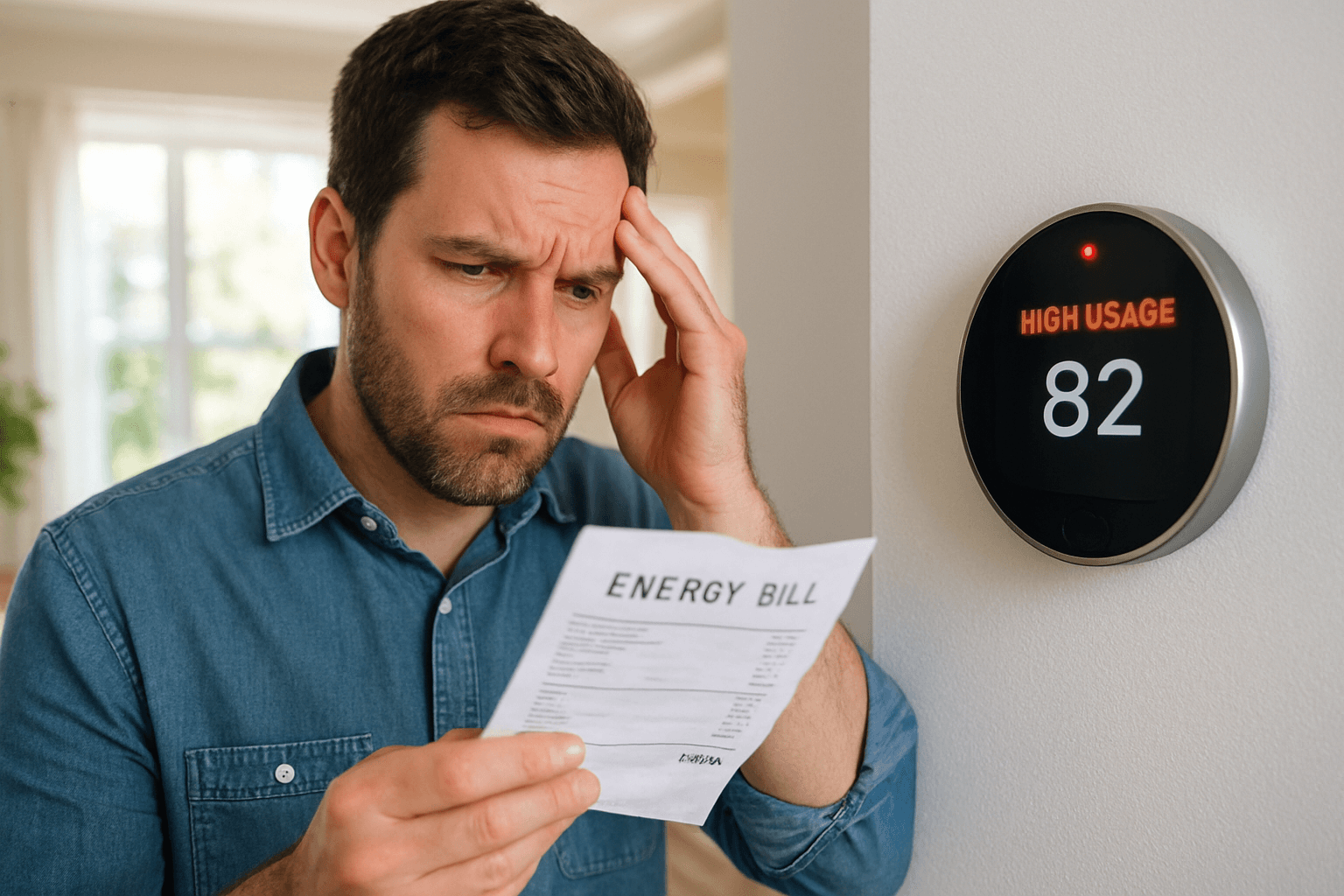 Man looking at high energy bill, showing hidden HVAC causes for high energy bills.