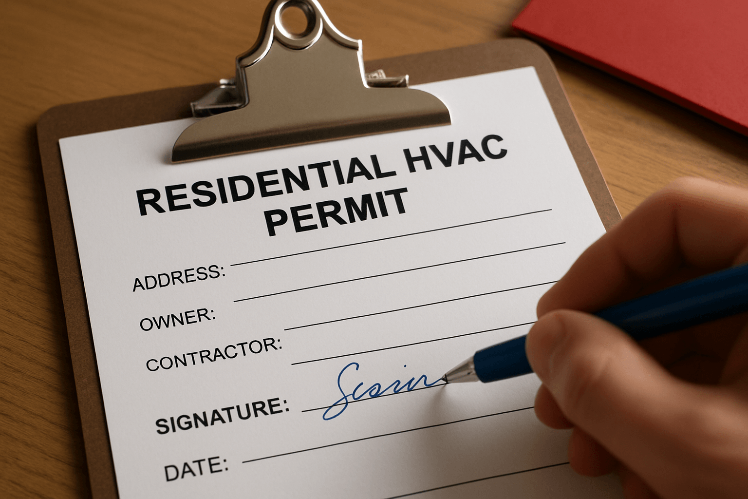 Signing HVAC permit for HVAC permits and inspections in Los Angeles County.
