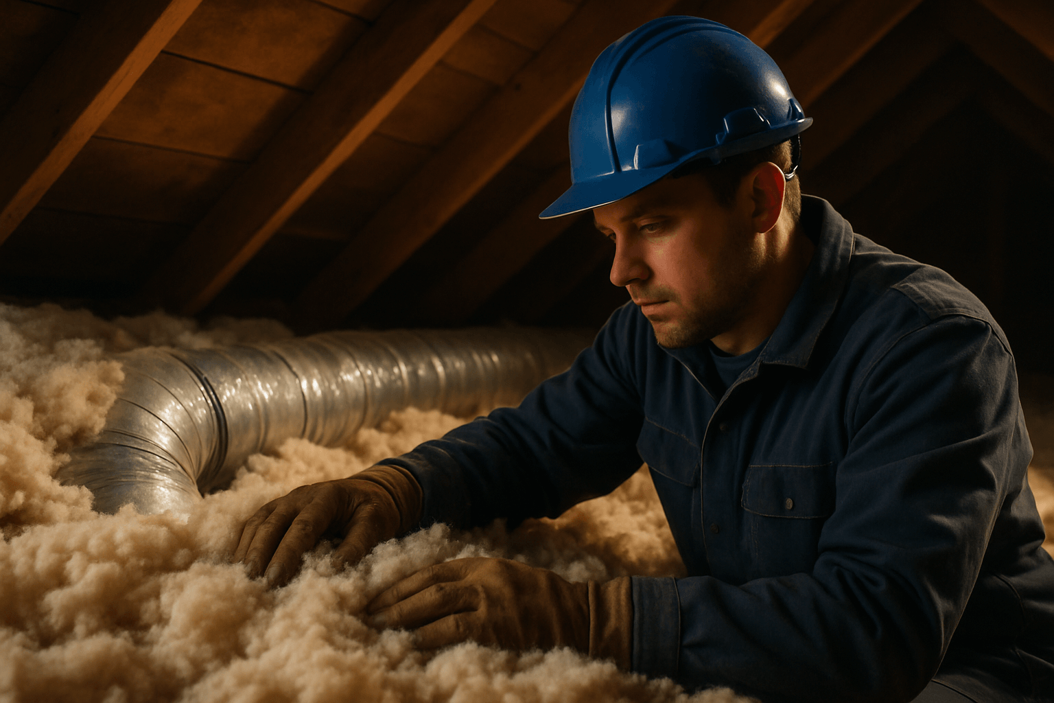 Worker checking attic insulation affecting your HVAC system.