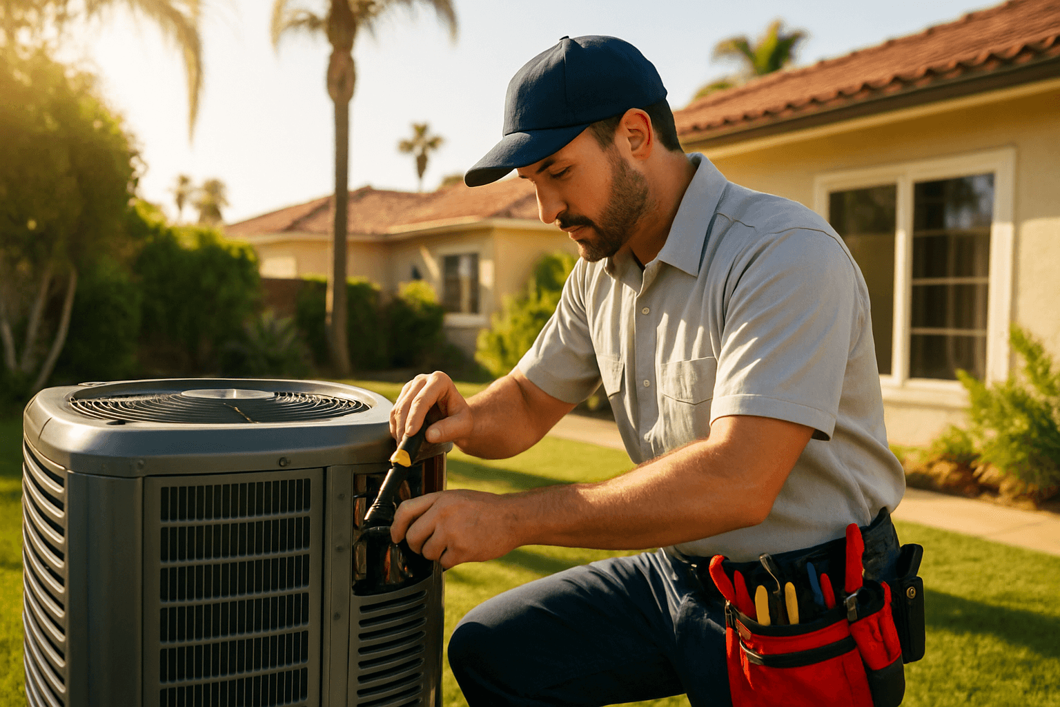Technician servicing AC unit for LADWP AC Optimization Program.