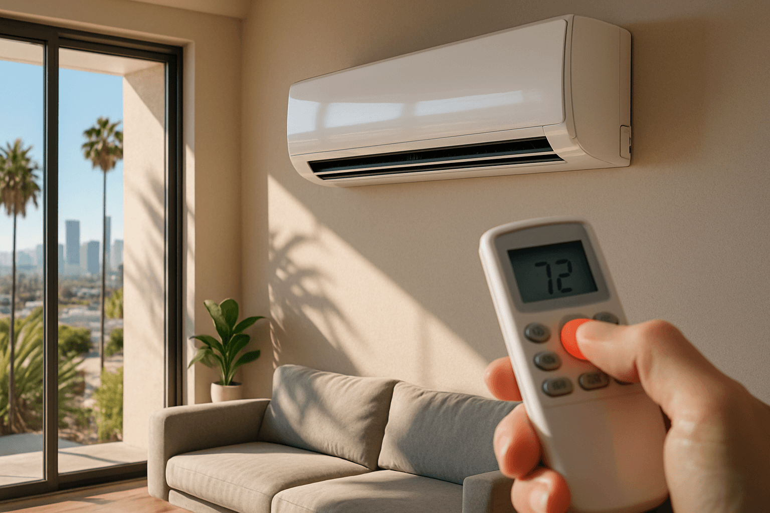 Remote control operating mini-split system in LA home.