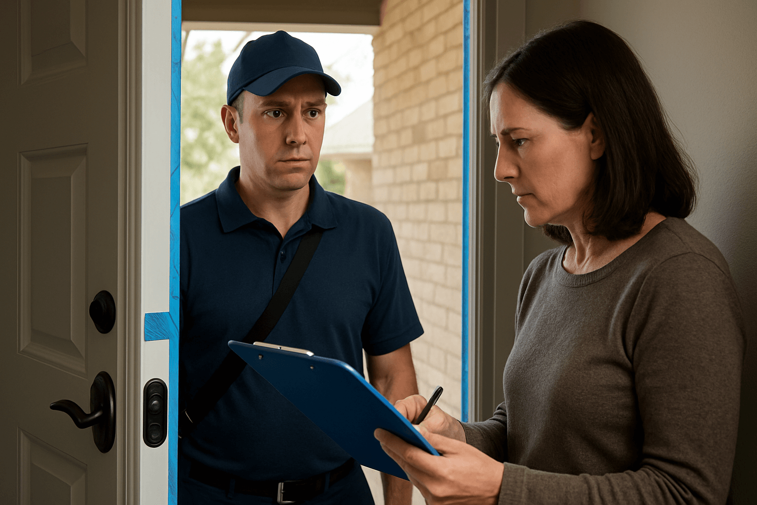 Homeowner talking to HVAC technician about most common HVAC scams in Southern California.