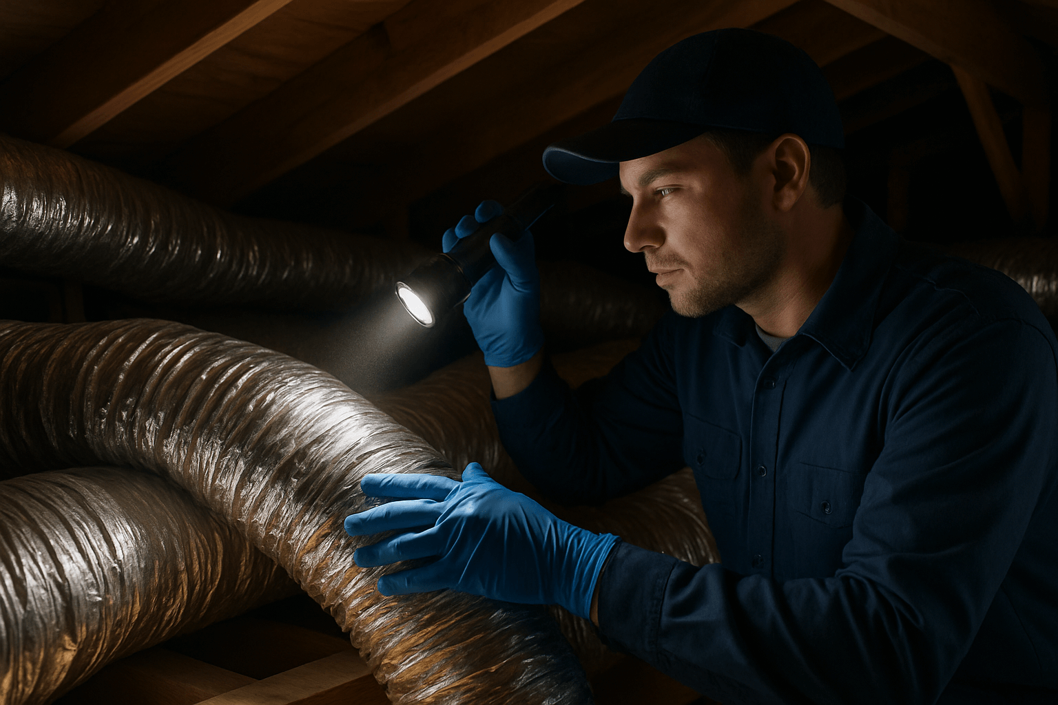 Technician inspecting ductwork, considering whether to replace or repair old ductwork.