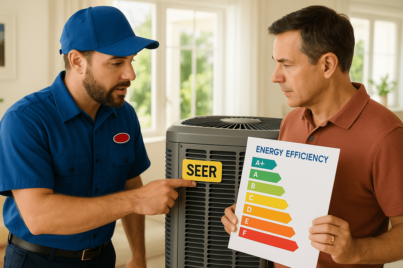 Technician explains SEER label to homeowner for energy efficiency.