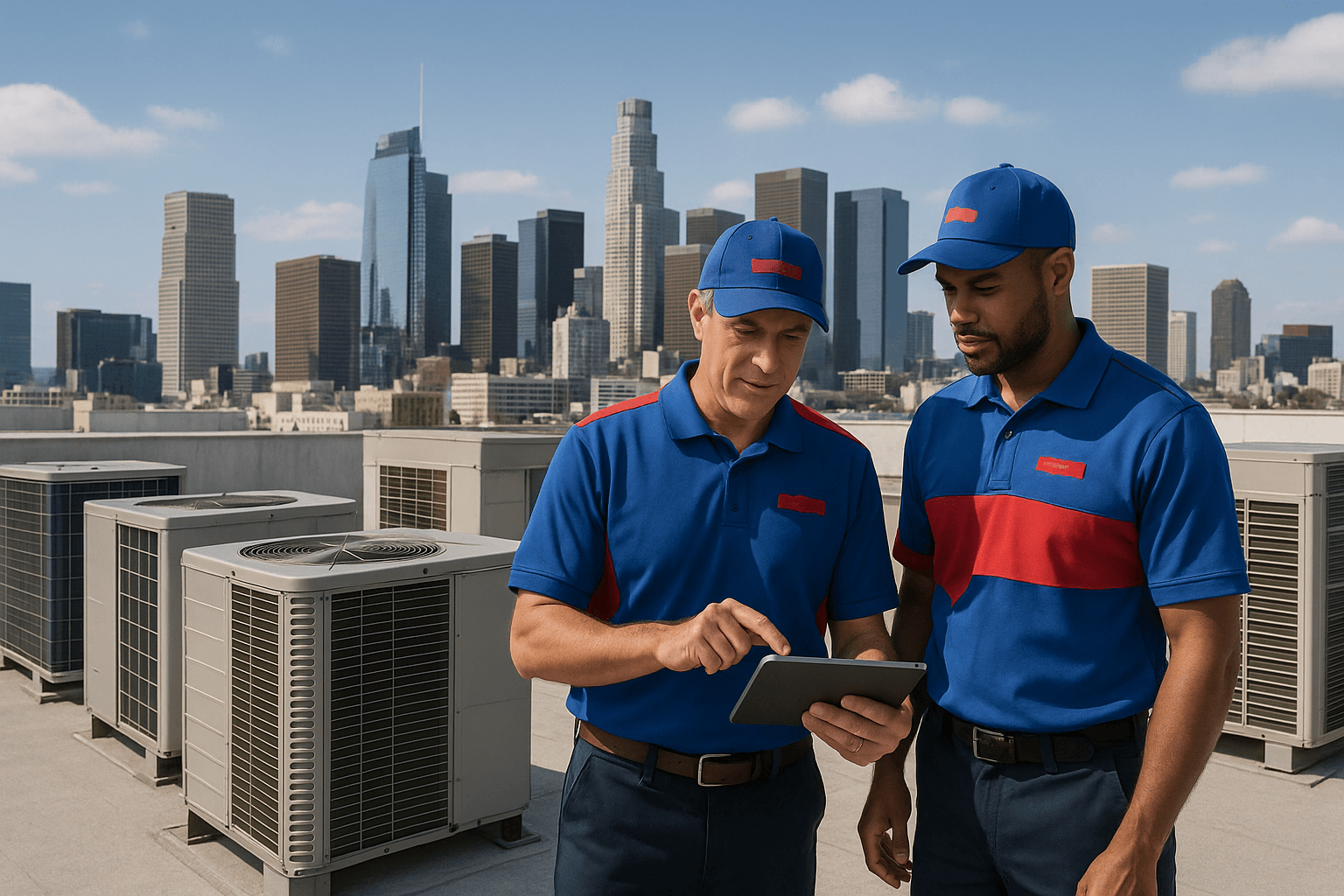 HVAC professionals inspect rooftop units above Los Angeles skyline.