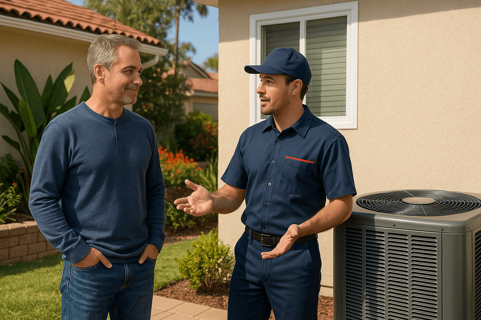 Technician discusses outdoor heat pump with homeowner in SoCal.