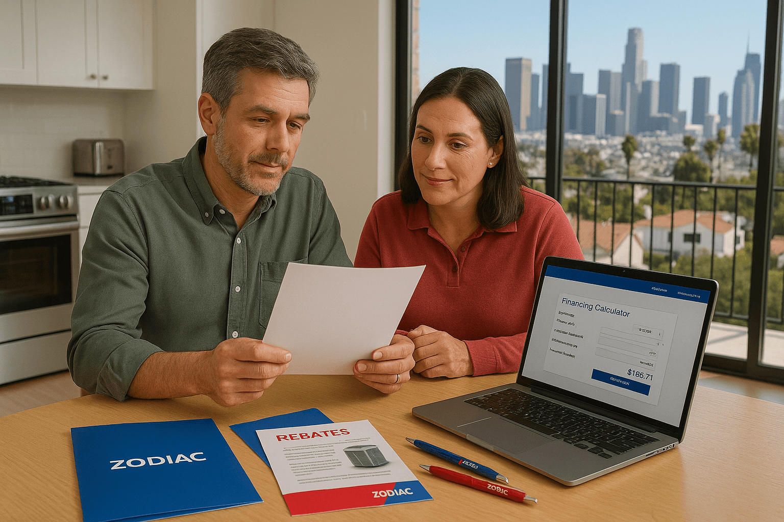 Couple reviews HVAC financing paperwork in Los Angeles home.