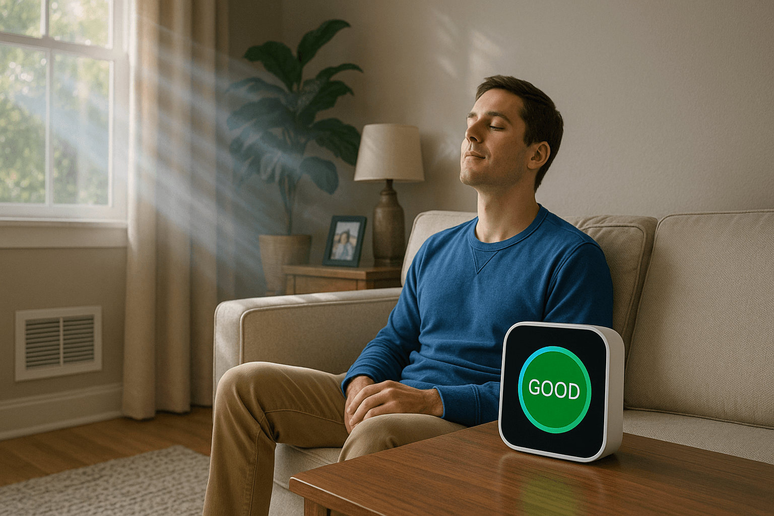 Man breathes clean air with indoor quality monitor showing good rating.