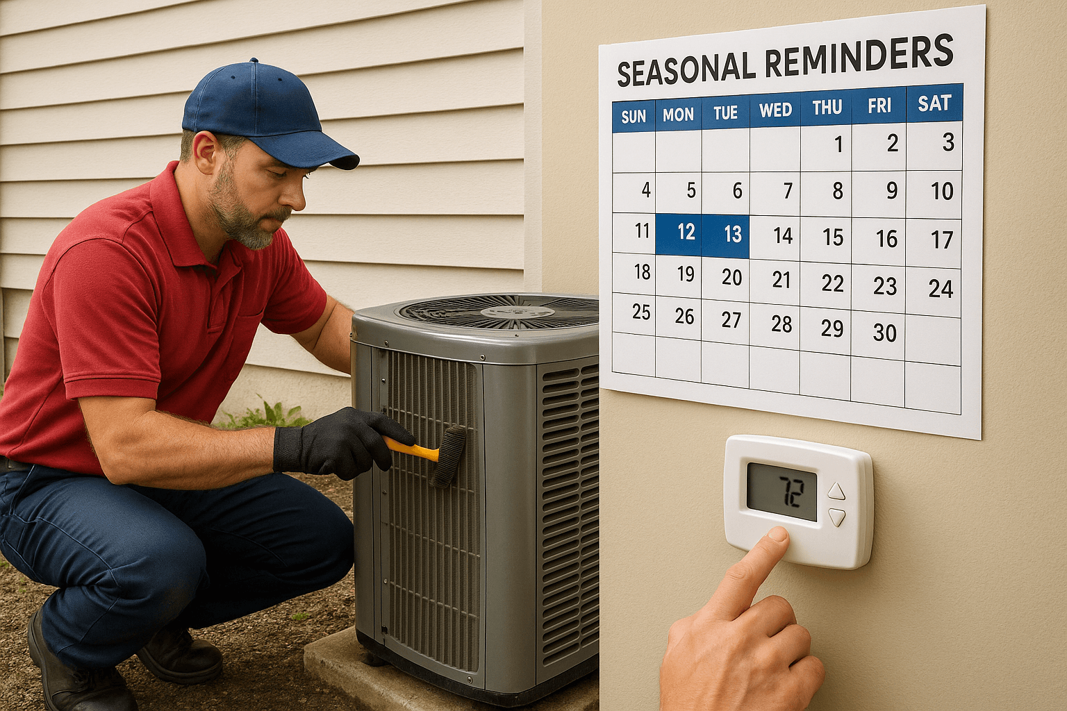 Technician performs HVAC maintenance beside seasonal calendar.