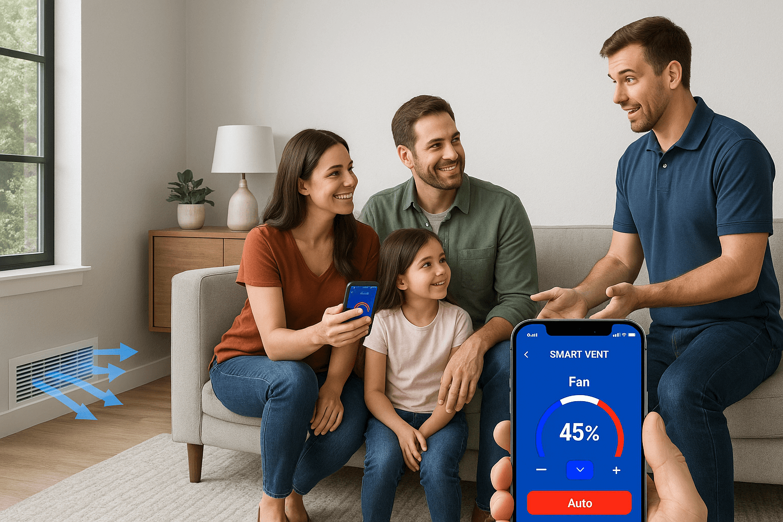 Family explores HVAC smart vent settings with technician.