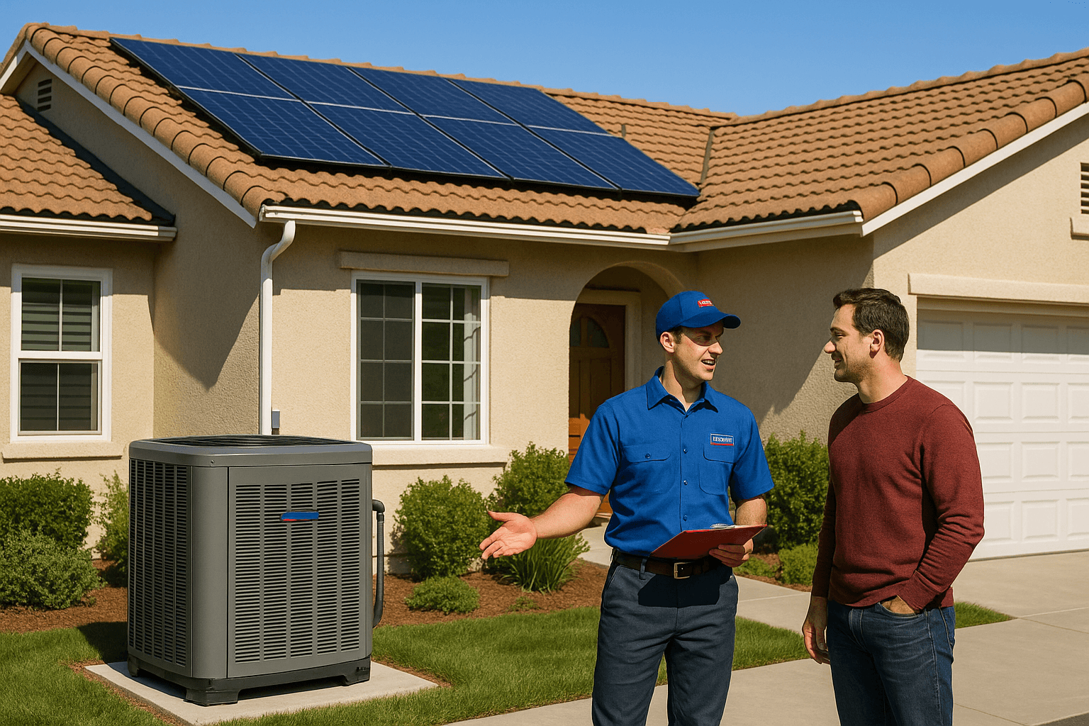 Homeowner discusses outdoor solar-powered HVAC unit with technician.
