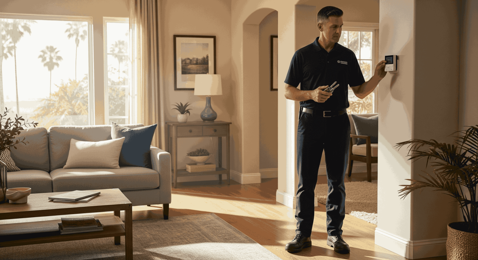Technician adjusting smart thermostat during HVAC maintenance.