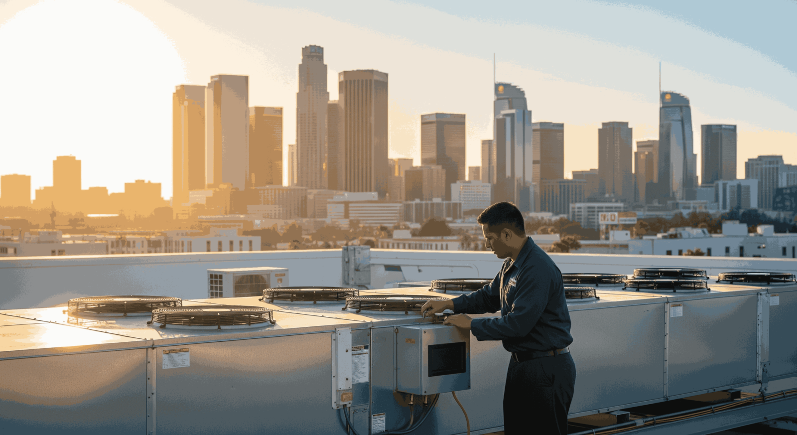 Technician servicing rooftop commercial HVAC units in Los Angeles.