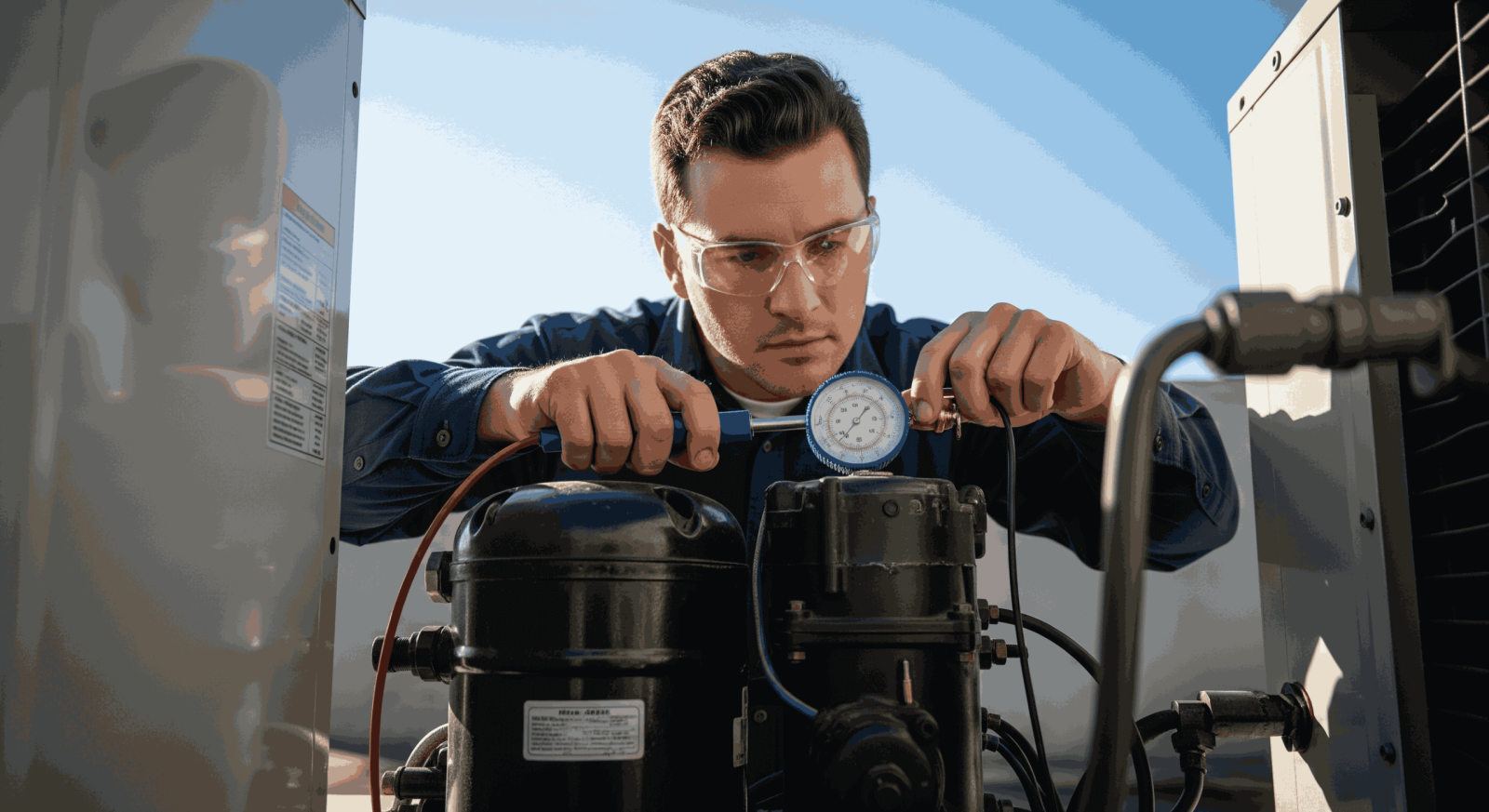 HVAC technician testing air conditioning compressor for common cooling issues.