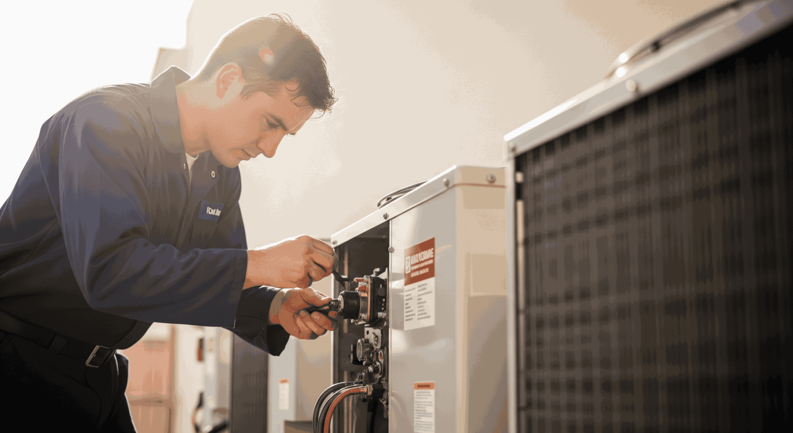 Technician repairing outdoor AC unit during a Los Angeles heatwave.