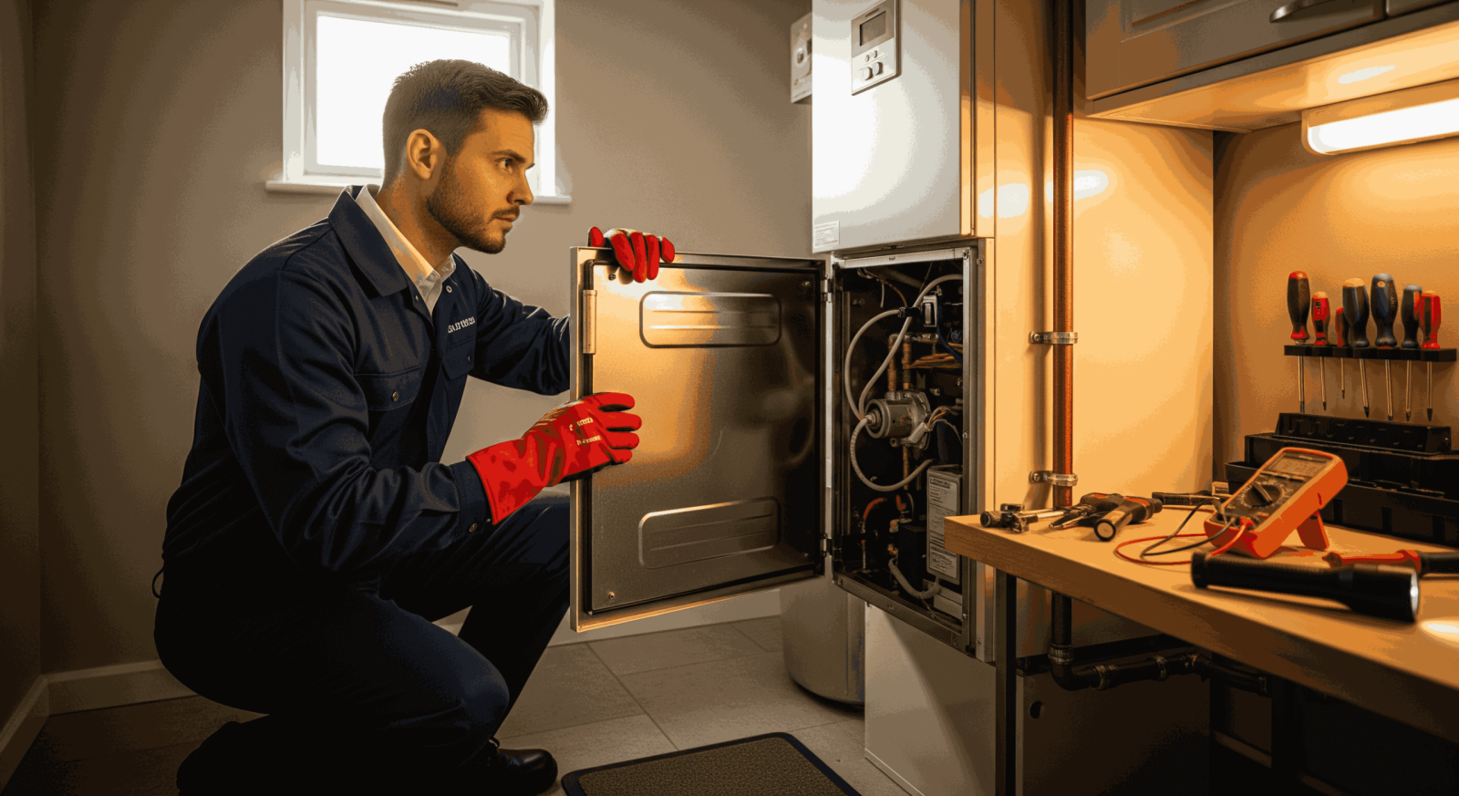Technician performing furnace repair in Los Angeles home.