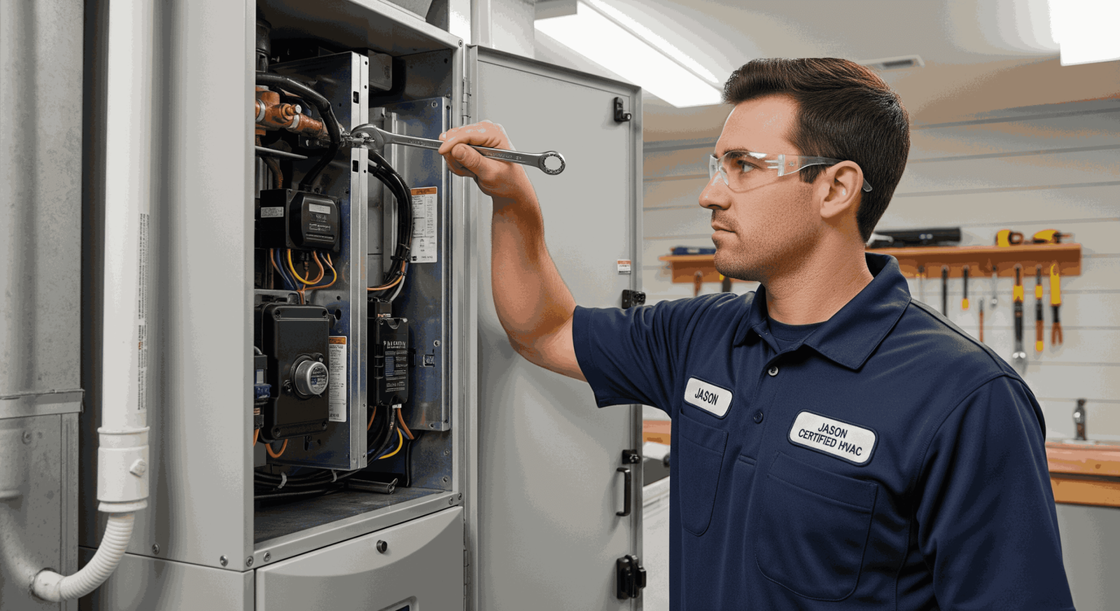 Technician working on HVAC system during inspection.