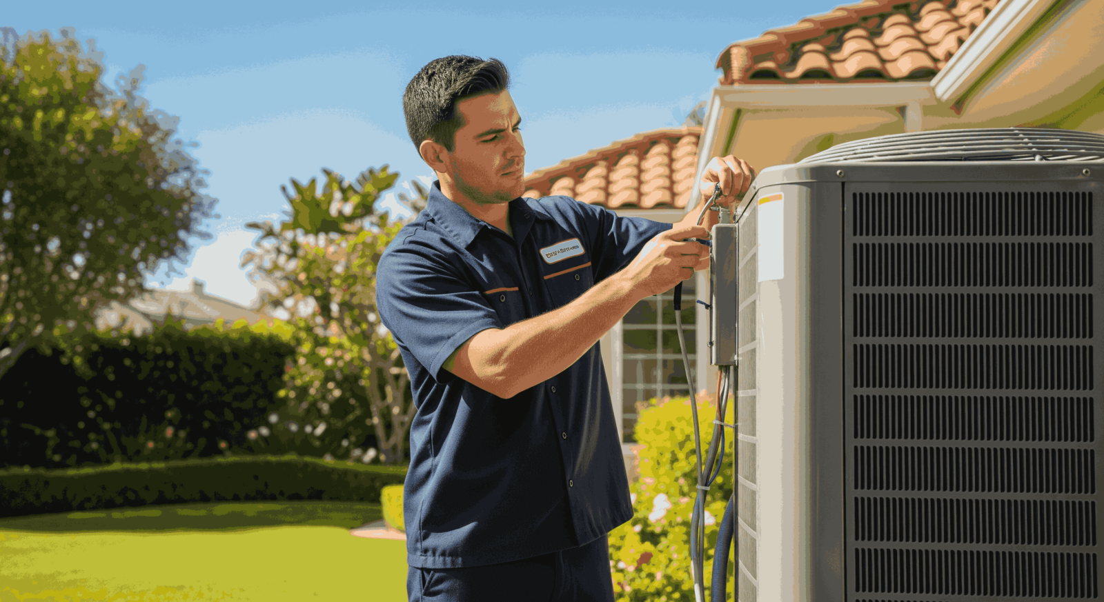 Technician performing HVAC installation in Los Angeles home exterior.