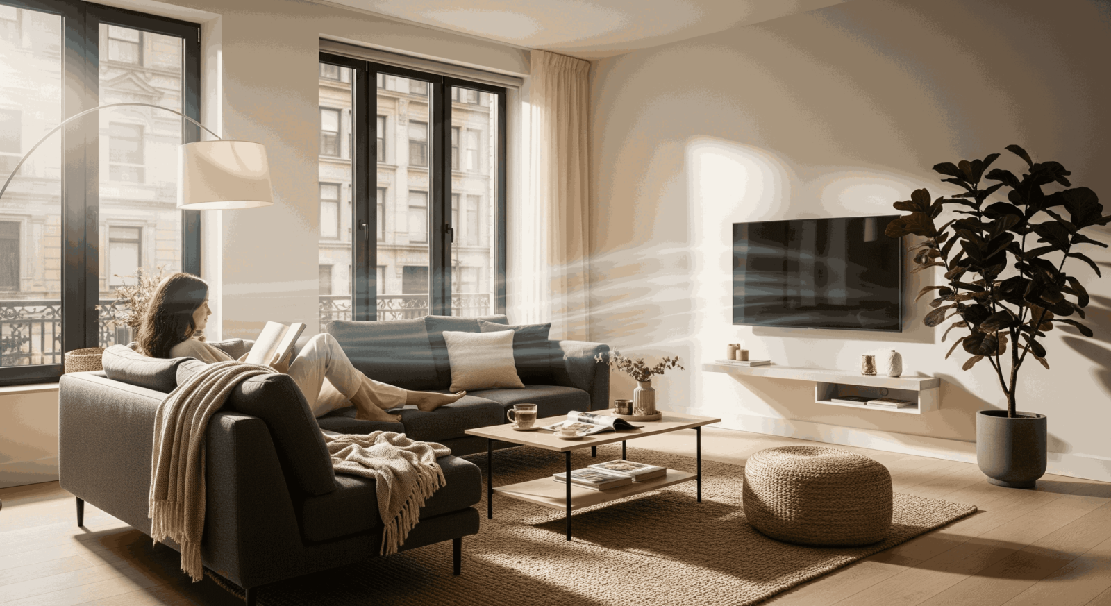 Woman enjoying comfortable indoor air conditioning in Los Angeles apartment.