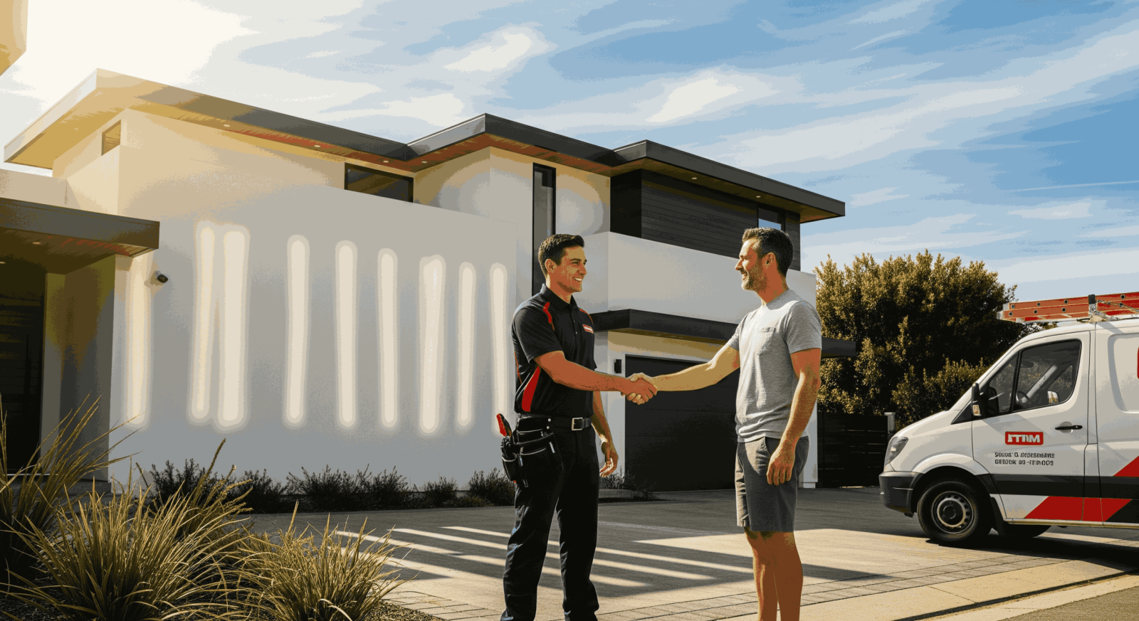 Professional HVAC services in Los Angeles with technician shaking hands with homeowner.