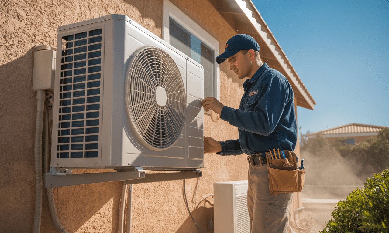 AC installer in San Fernando Valley adjusting an outdoor wall unit