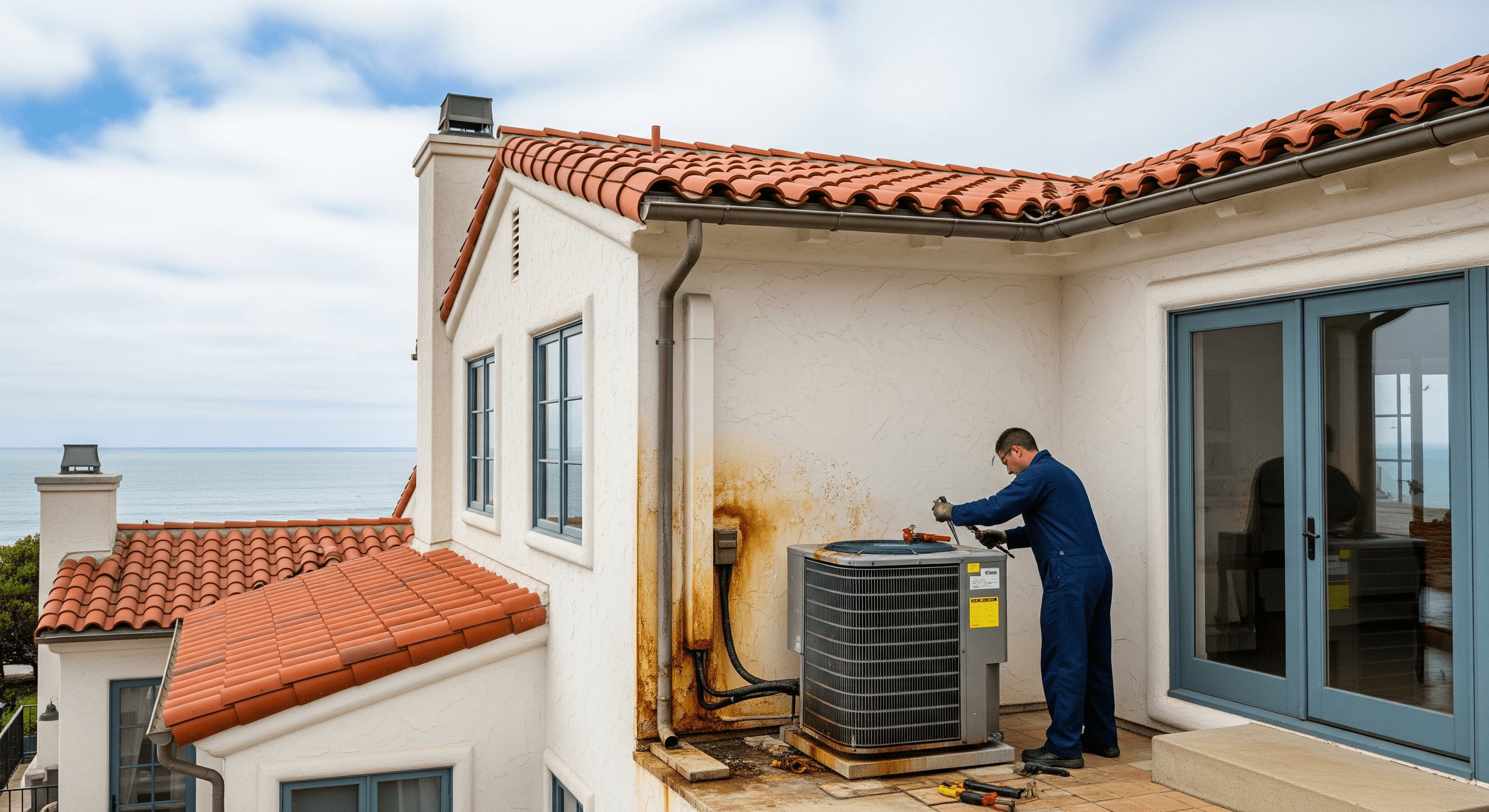 AC repair technician working on rooftop unit near Santa Monica coast