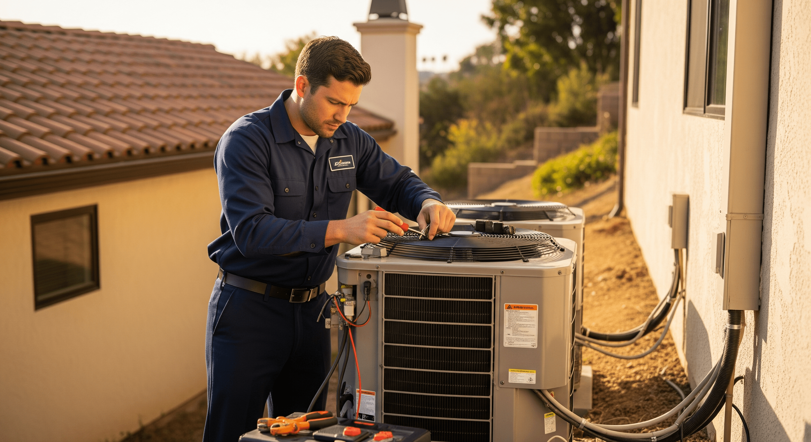 AC technician servicing outdoor unit in hillside Calabasas home