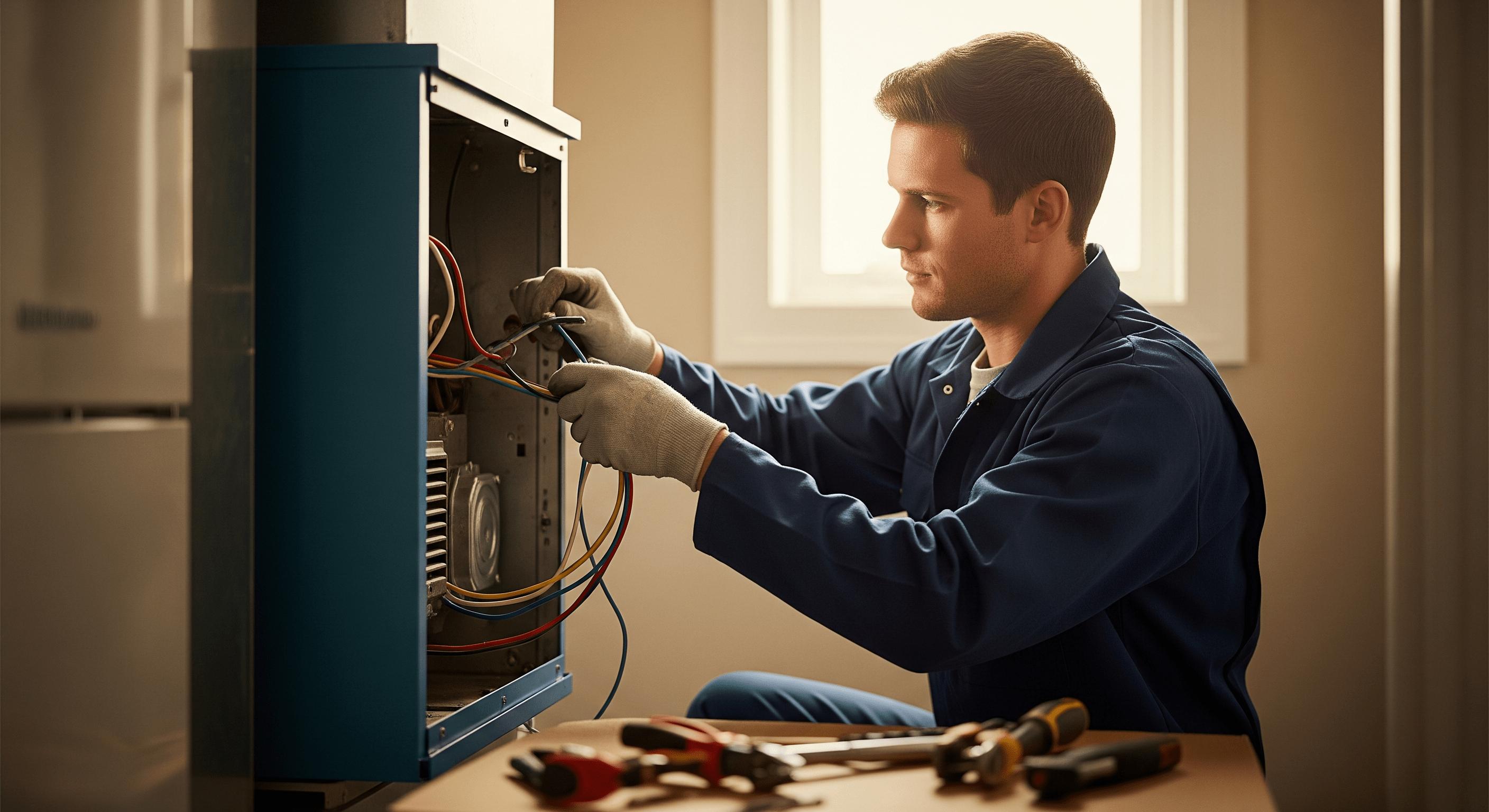 Technician wiring HVAC system during gas-to-electric conversion