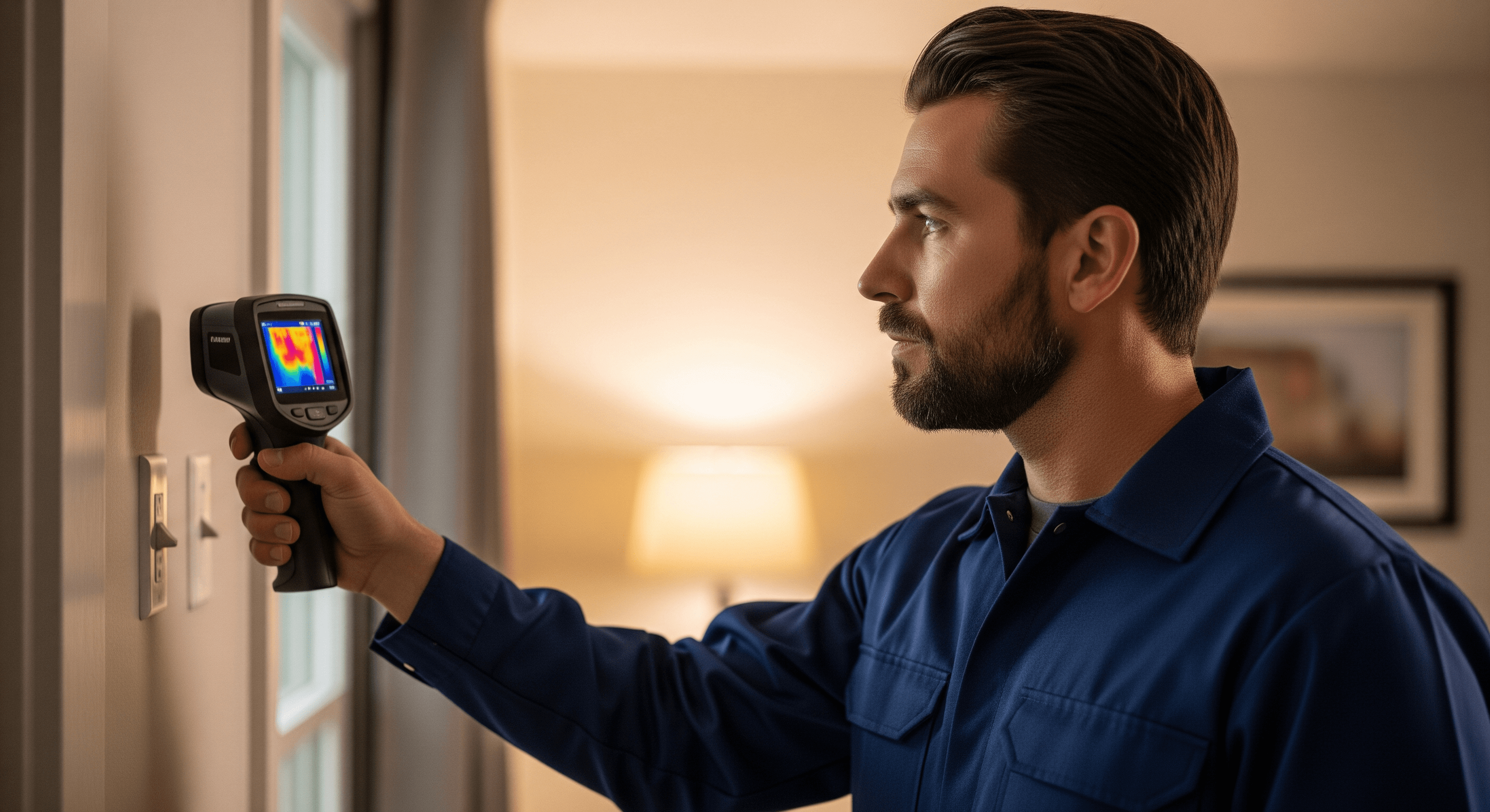 HVAC professional using thermal scanner for energy audit