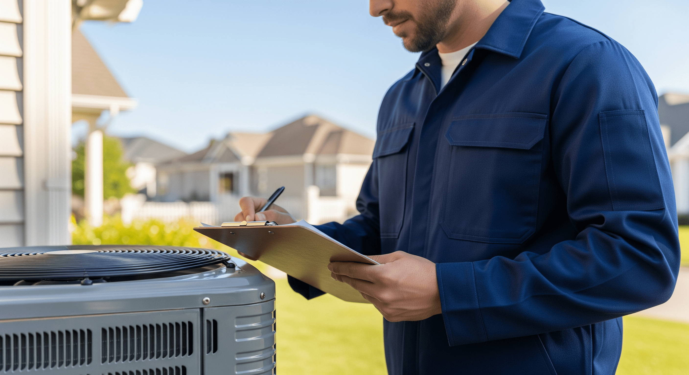 HVAC technician with clipboard near condenser unit