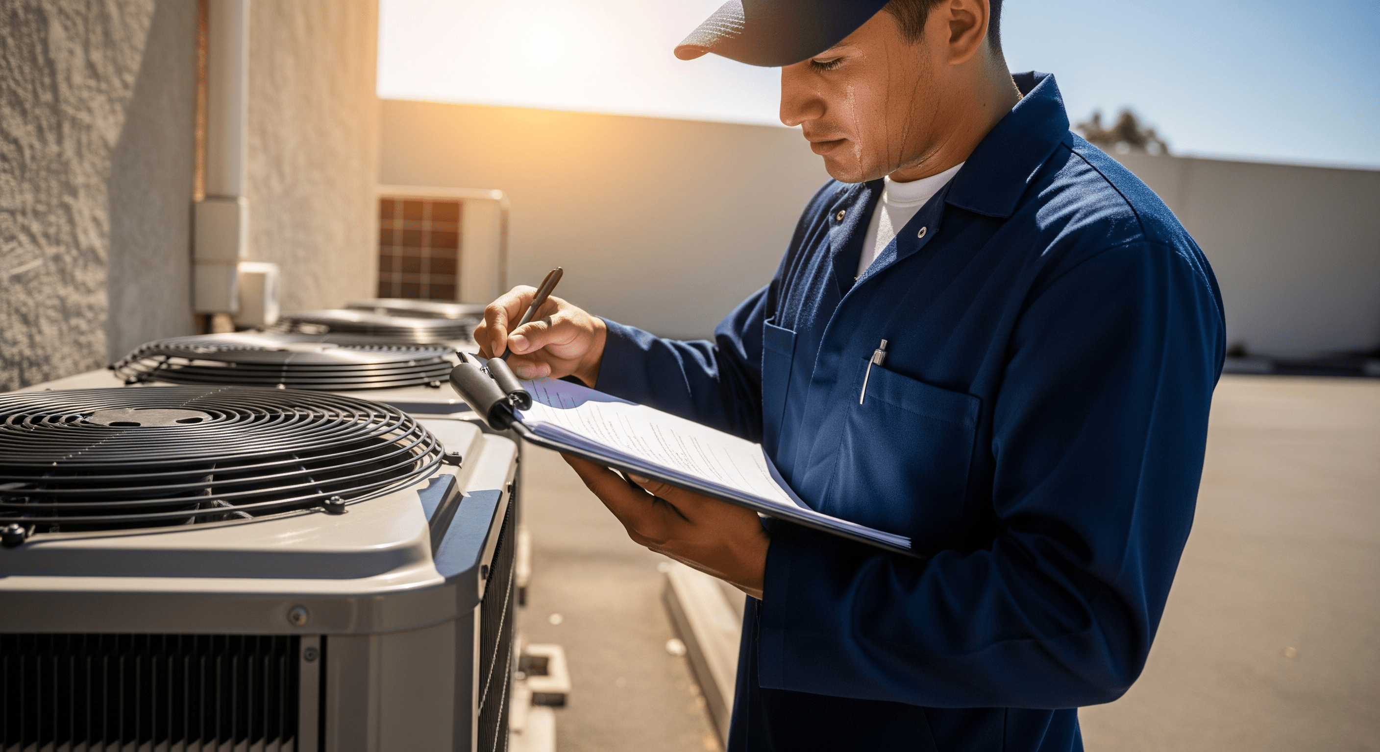 HVAC technician inspecting rooftop AC units in San Fernando Valley