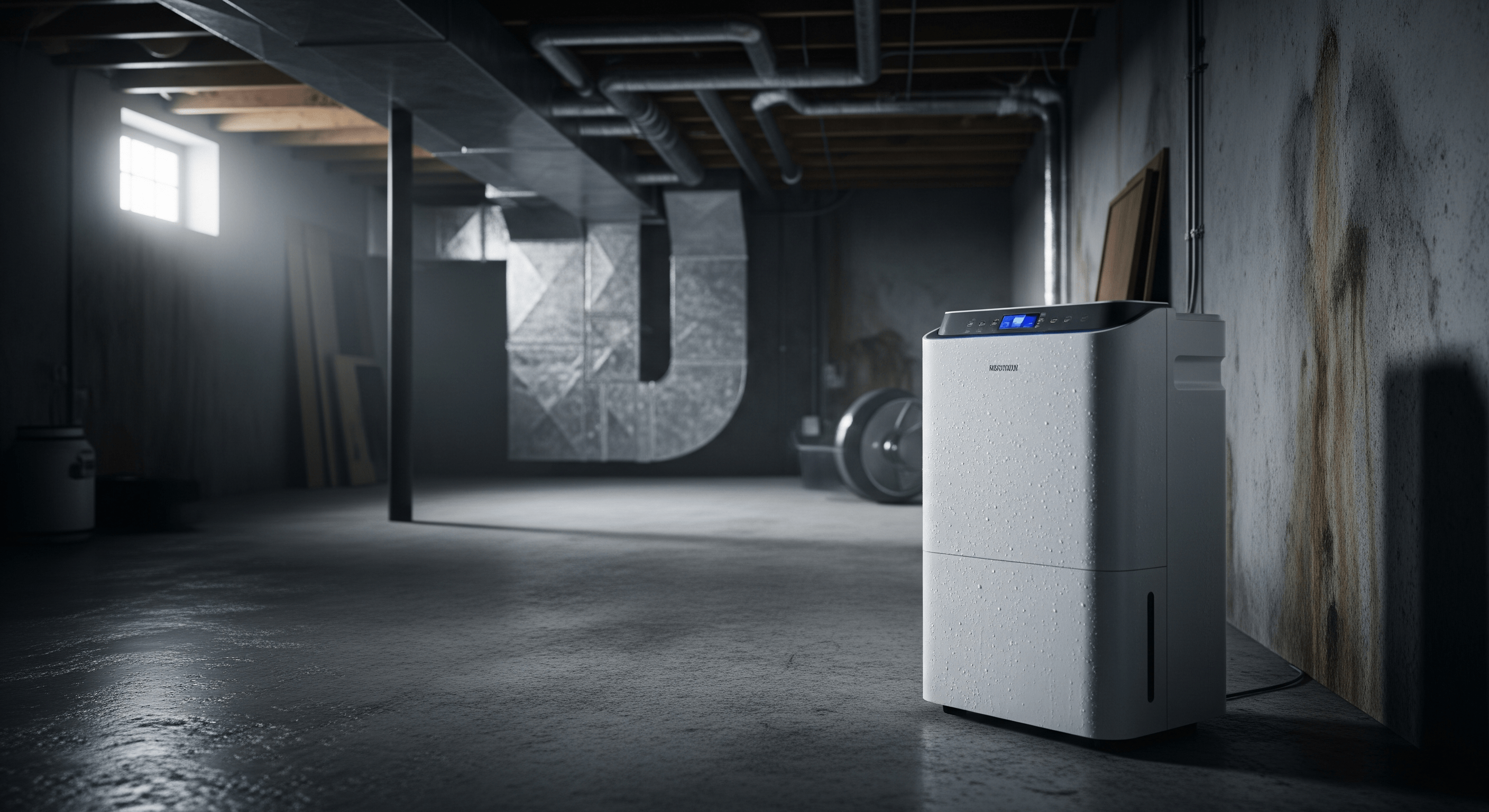 Dehumidifier running in damp basement with mold stains