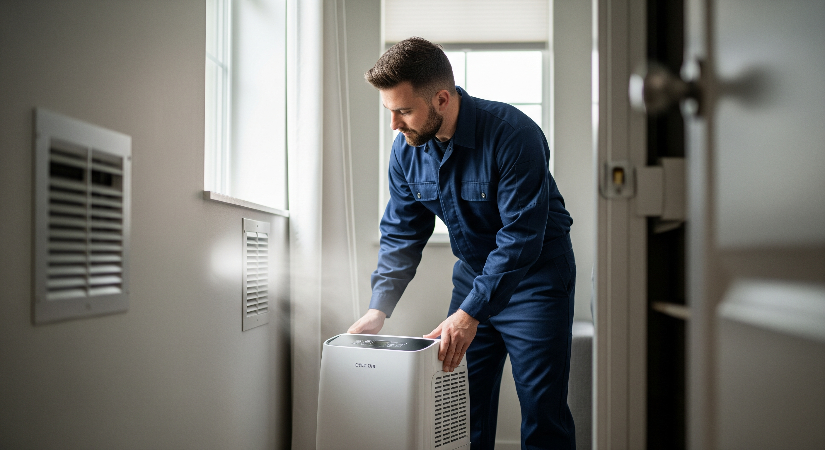 Technician placing a dehumidifier for room moisture control