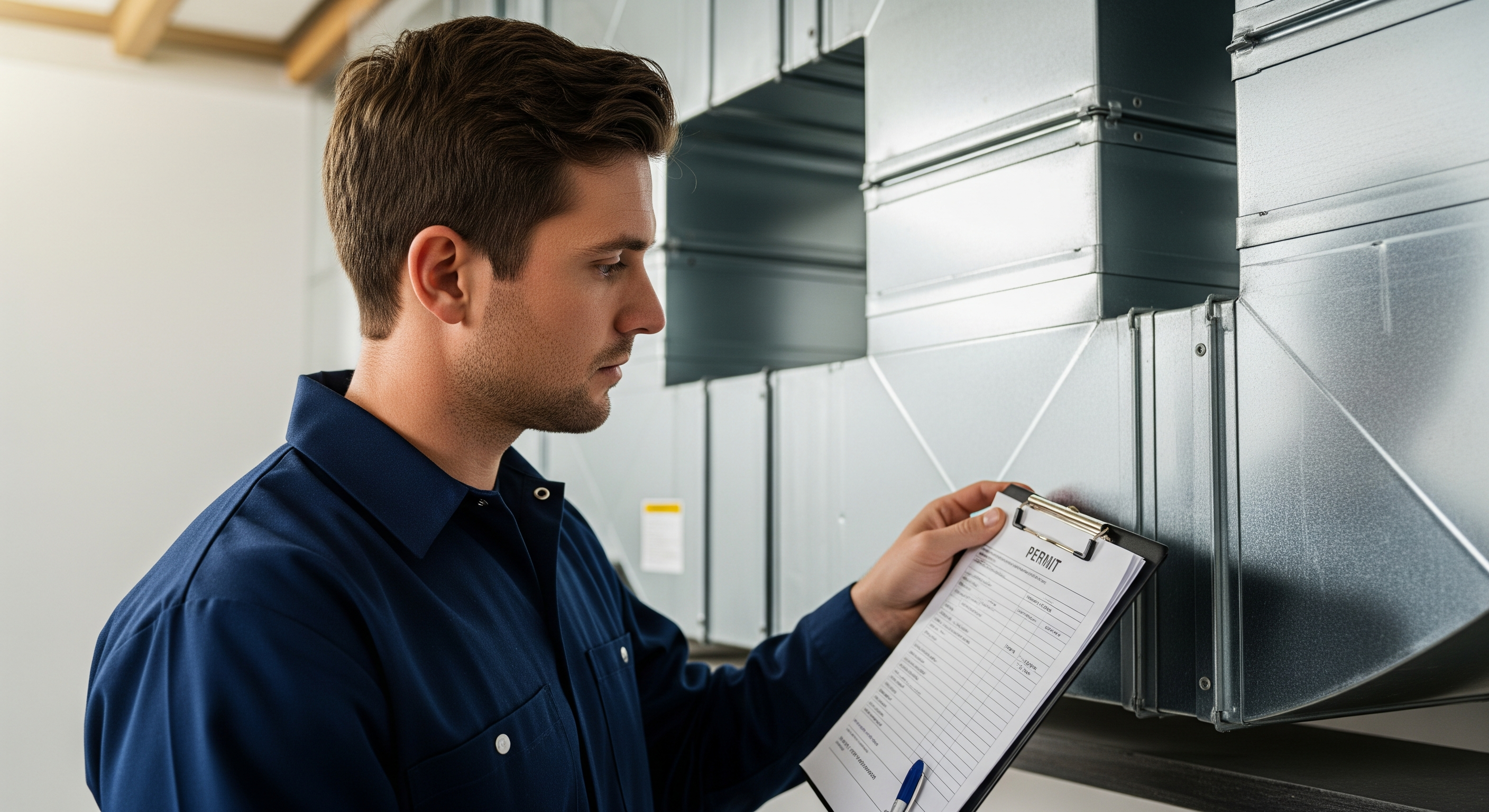 HVAC technician reviewing mechanical permit paperwork for Los Angeles