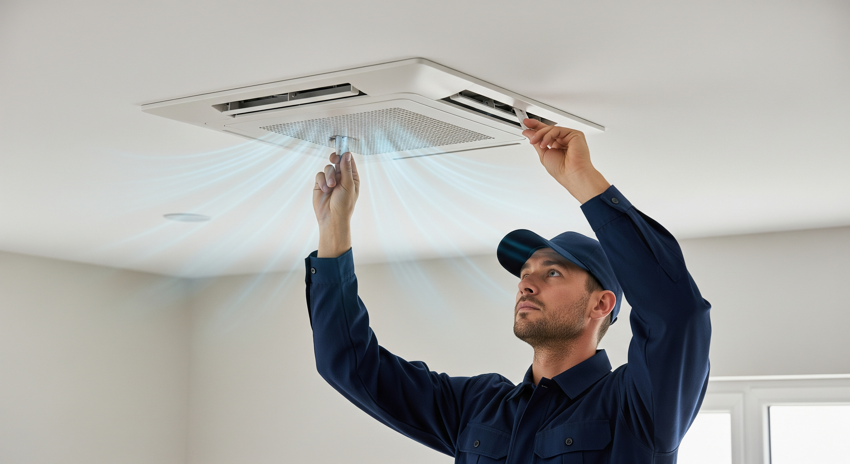 Technician inspecting HVAC vent system to balance room temperatures