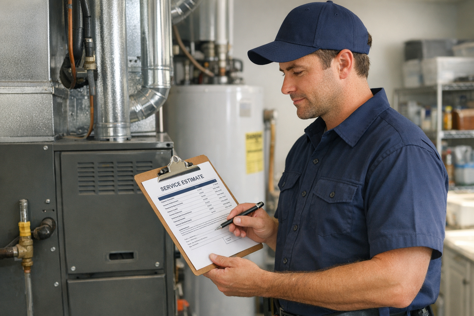 HVAC technician reviewing service estimate for new system financing