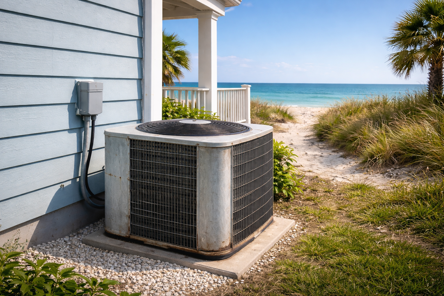 Outdoor HVAC unit exposed to coastal conditions in Santa Monica home