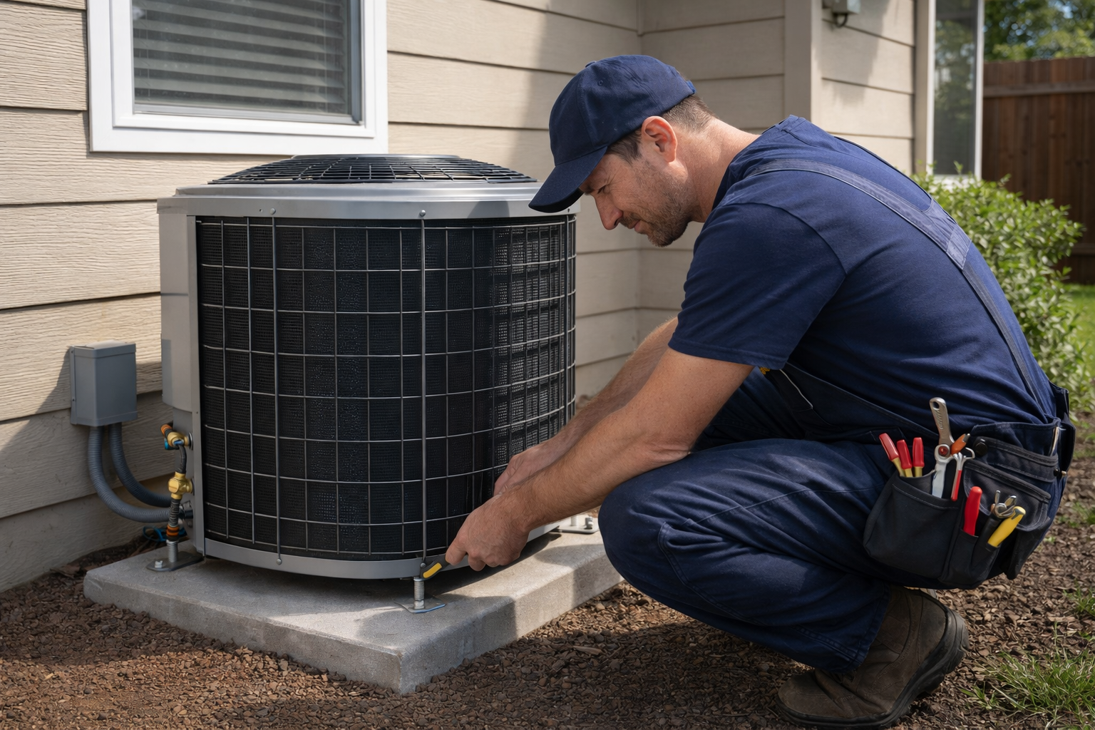 HVAC technician installing outdoor air conditioning condenser unit beside house
