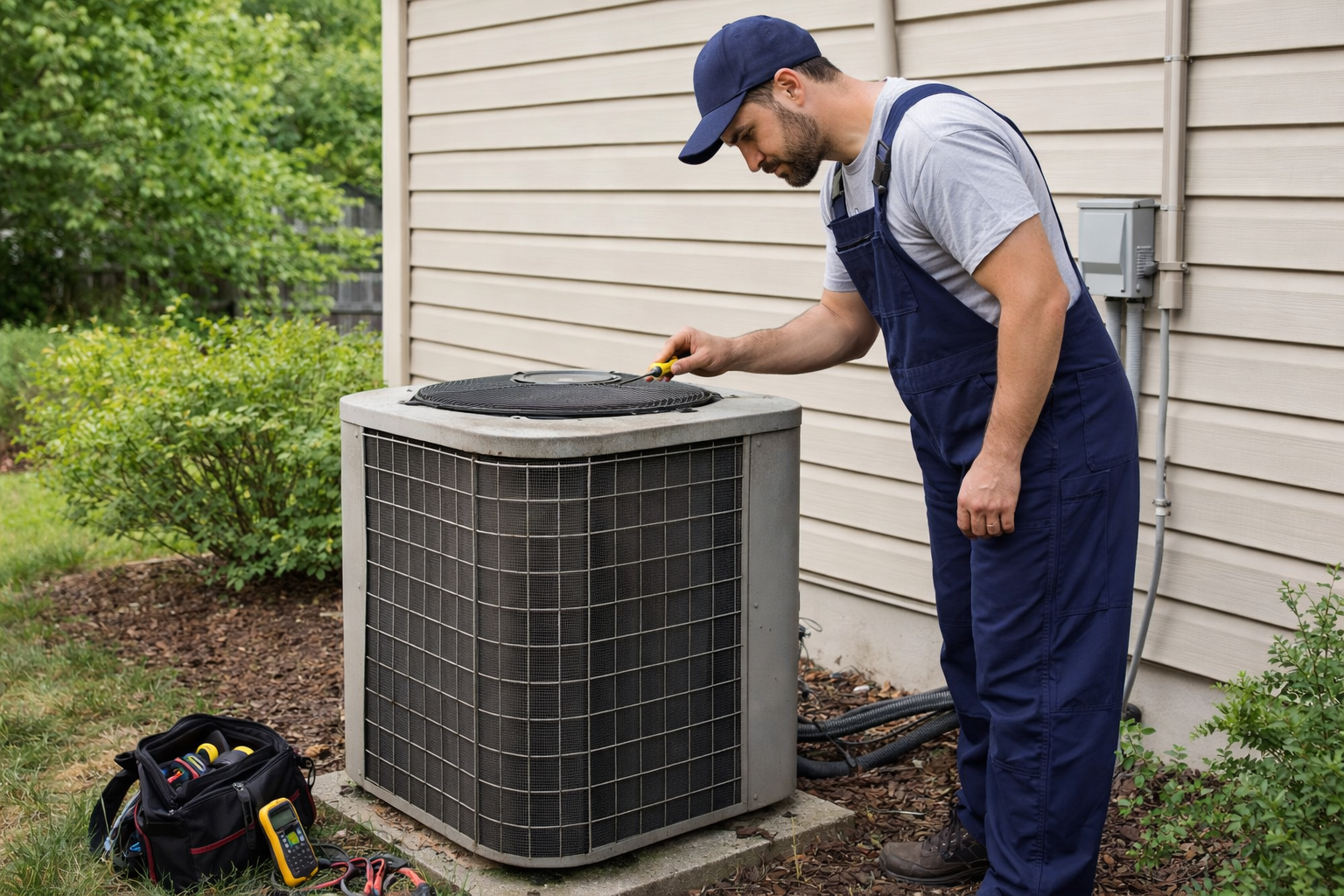 HVAC technician performing maintenance on outdoor air conditioner condenser unit