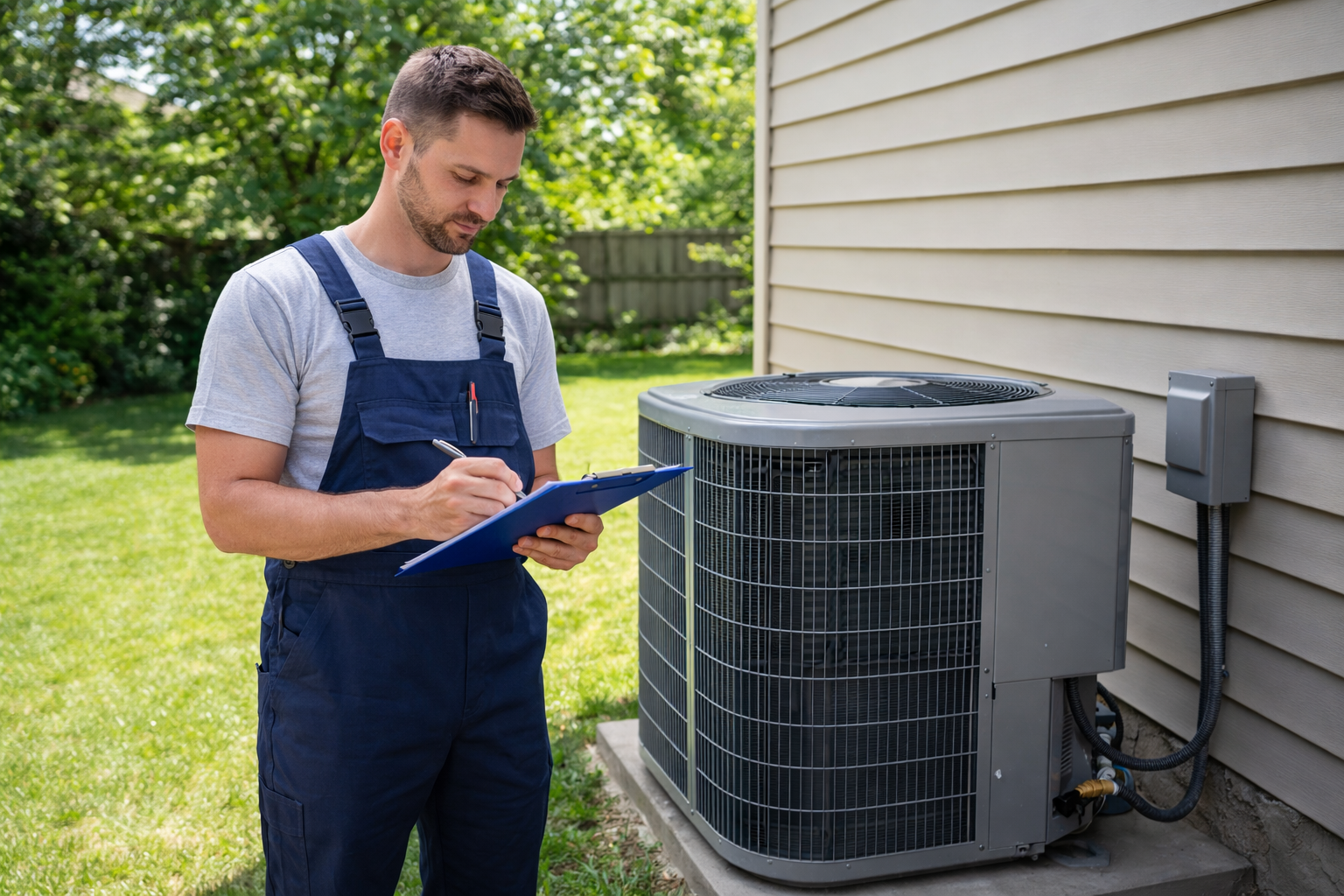 HVAC technician inspecting outdoor AC unit and writing service notes on clipboard