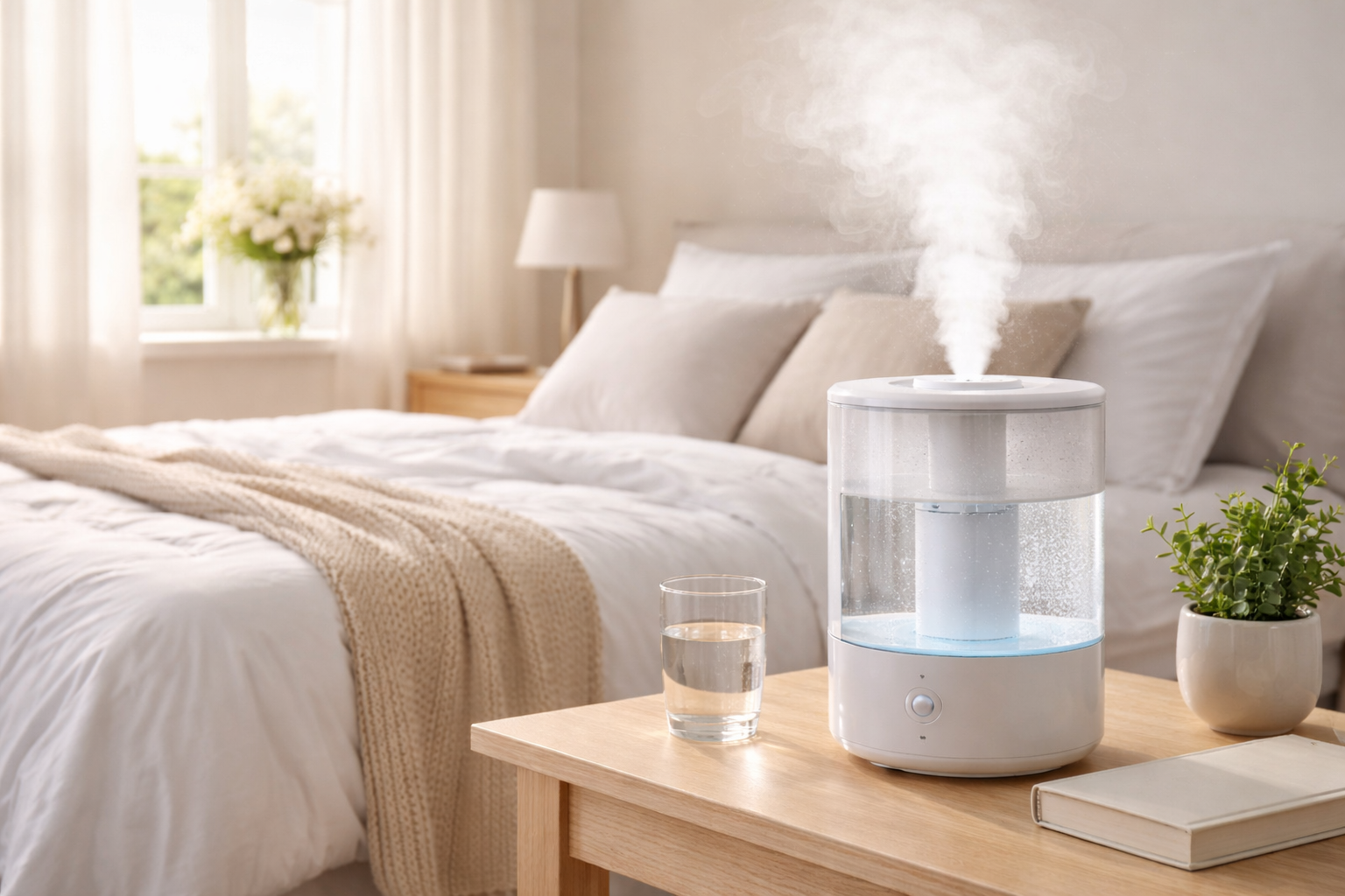 Bedroom humidifier producing cool mist to improve indoor air quality
