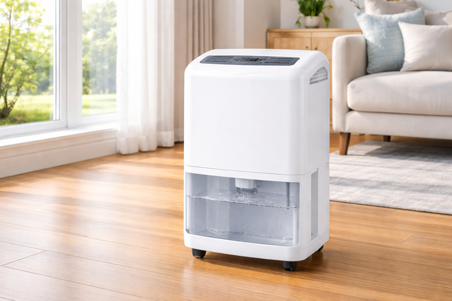 Portable home dehumidifier removing moisture from indoor air in living room