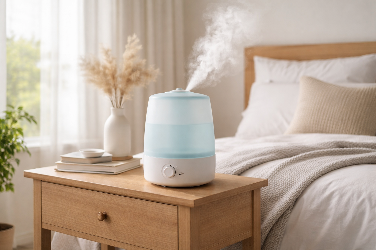 Portable humidifier releasing mist in bedroom for dry air relief