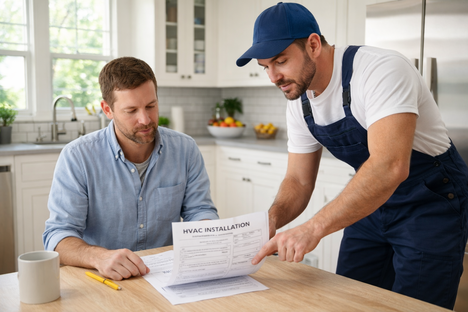 HVAC technician explaining installation paperwork to homeowner at kitchen table