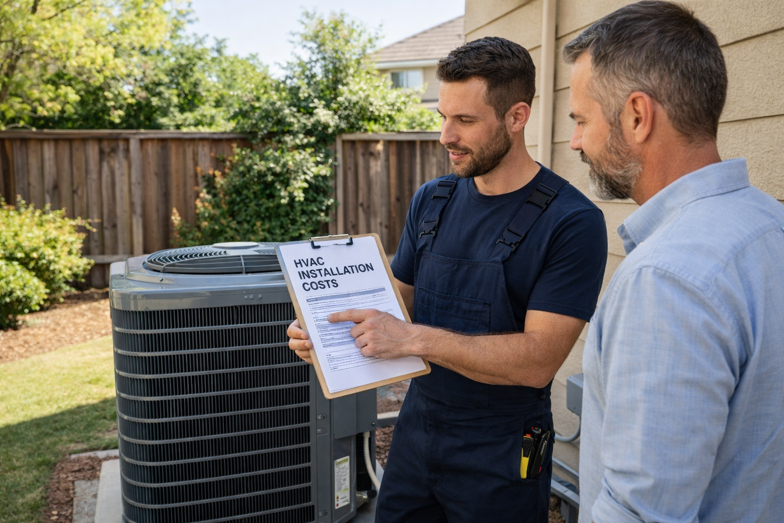 HVAC technician explaining air conditioner installation costs to homeowner beside outdoor unit