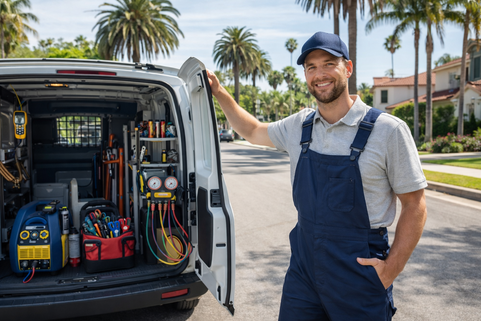 HVAC technician standing next to service van with tools and equipment