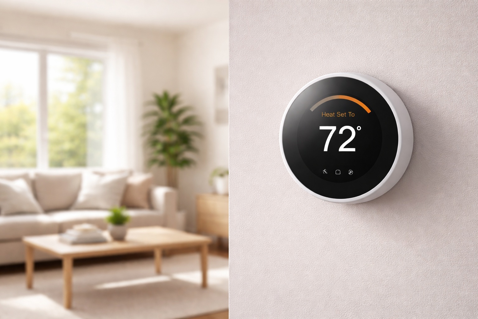 Smart home thermostat displaying temperature setting of 72 degrees
