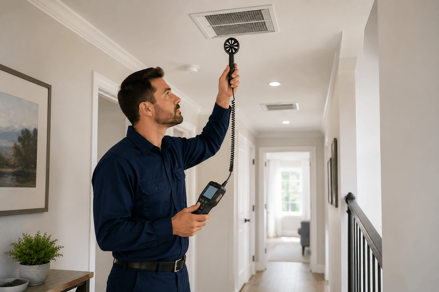 Technician testing airflow problems in house with central air